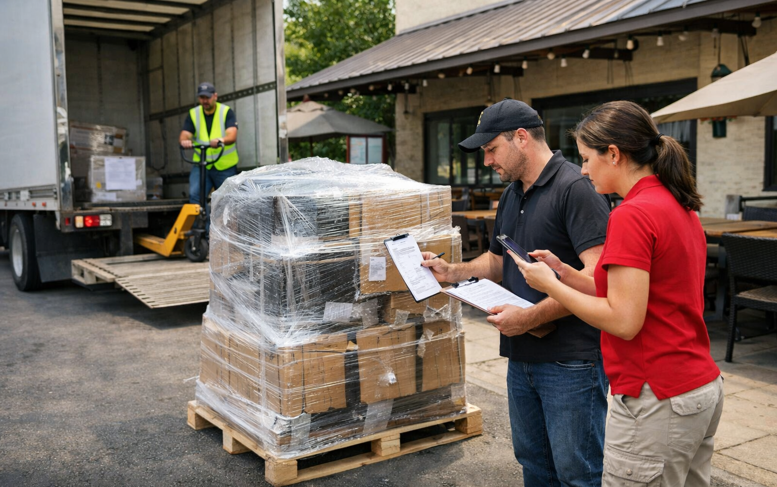 Réception de mobilier CHR en stock sur palettes lors d’une livraison professionnelle