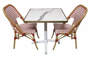 ensemble table chaise terrasse restaurant calacatta pinky