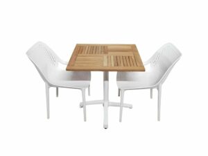 Ensemble terrasse bistrot professionnel avec table en bois d’iroko et chaises blanches empilables