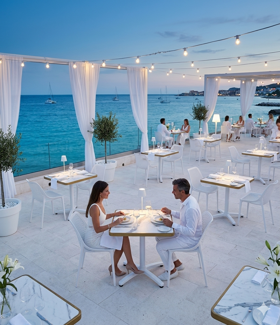 ensemble terrasse restaurant CHR marbre Calacatta pied pliable chaise Cannes