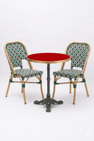 ensemble bistrot Italie 2 chaises vert blanc rouge table rouge 60 cm