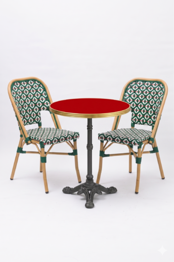 ensemble bistrot Italie 2 chaises vert blanc rouge table rouge 60 cm