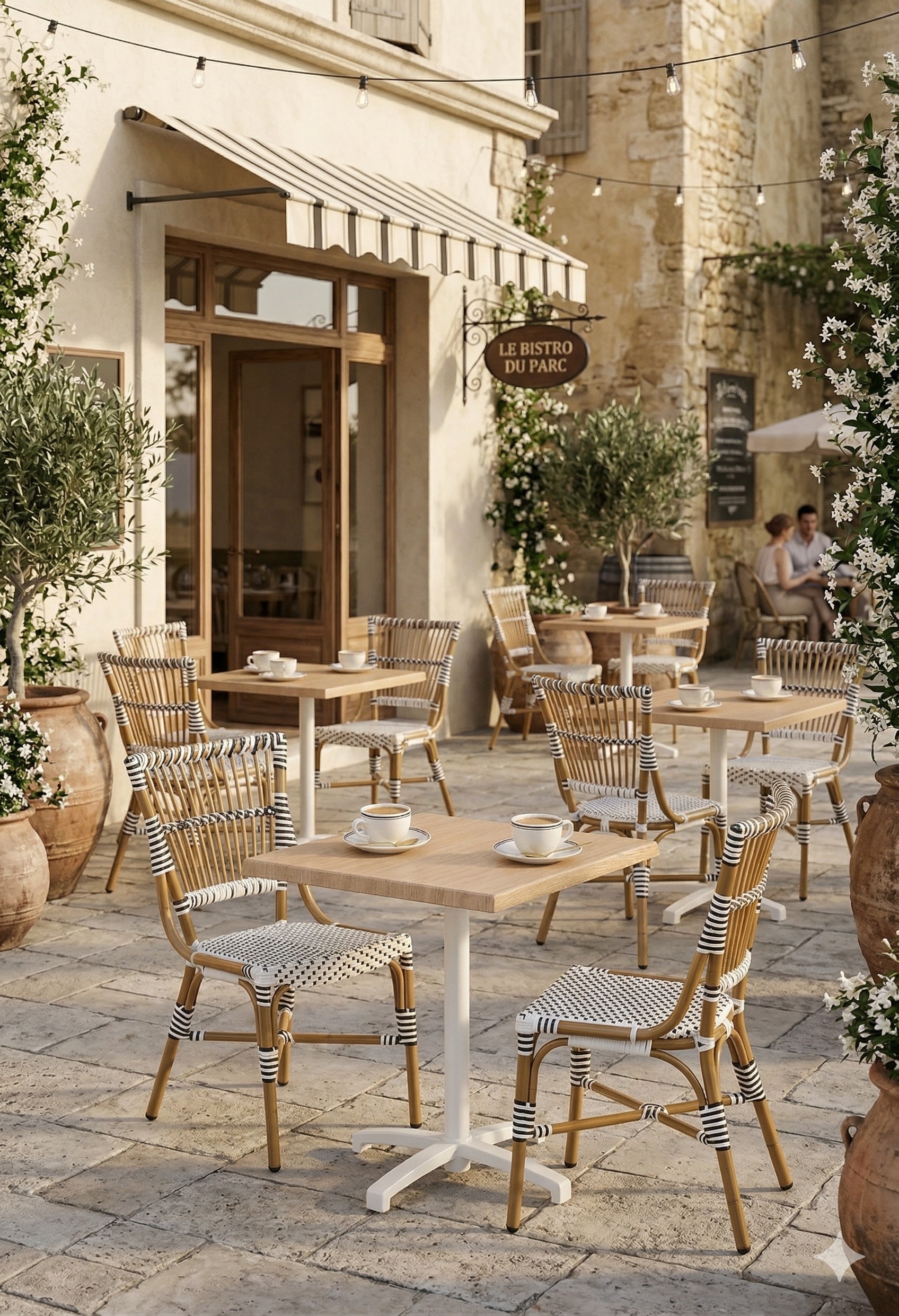 ensemble terrasse 70x70 restaurant avec table chêne et chaises torino rotin extérieur