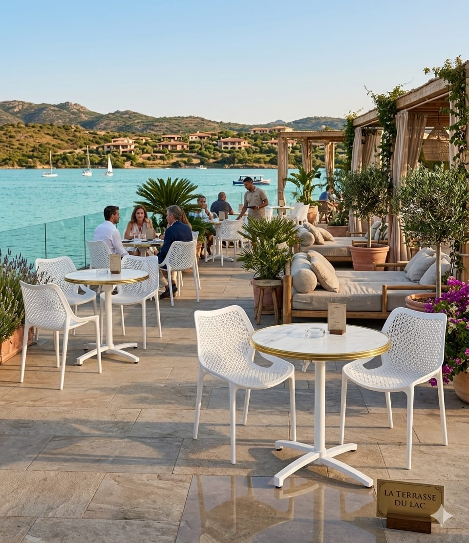 Ensemble Terrasse Restaurant Blanc Marbré 70 cm – Table Bistrot Pliante + 2 Chaises Blanches Empilables – Cannes – Image 2