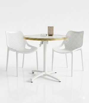 Ensemble terrasse restaurant blanc avec table bistrot marbre Calacatta 70 cm et chaises blanches empilables Cannes