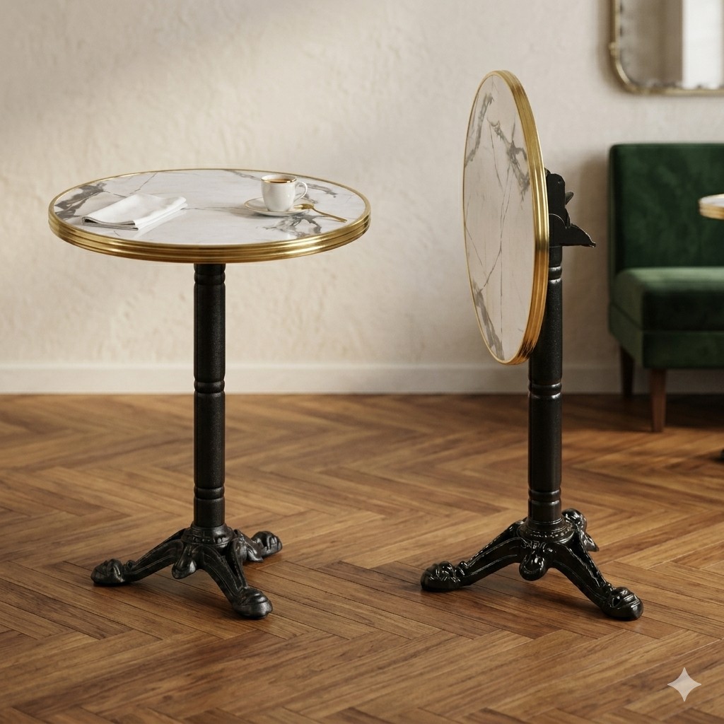 Table bistrot terrasse restaurant pliante avec plateau marbre blanc Calacatta et piètement ROMA rabattable professionnel CHR