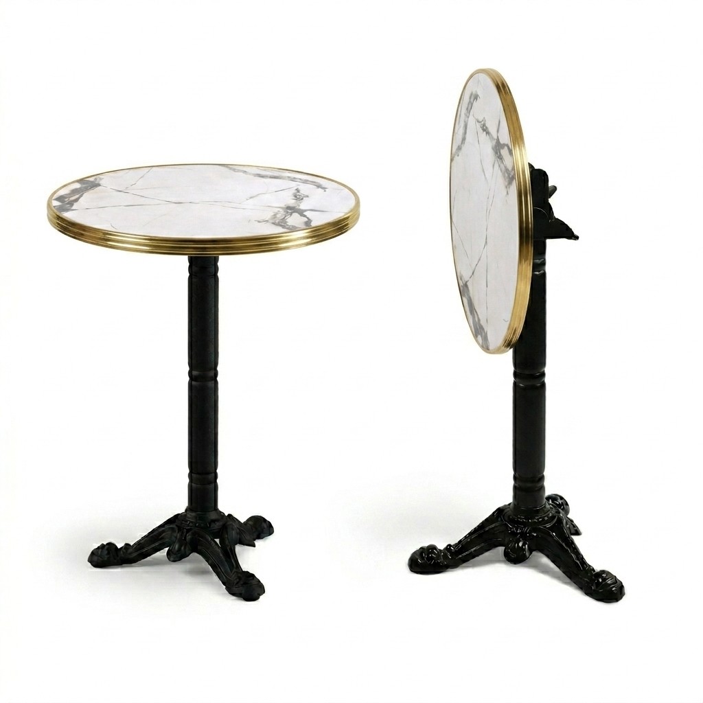 Table bistrot terrasse restaurant pliante avec plateau marbre blanc Calacatta et piètement ROMA rabattable professionnel CHR