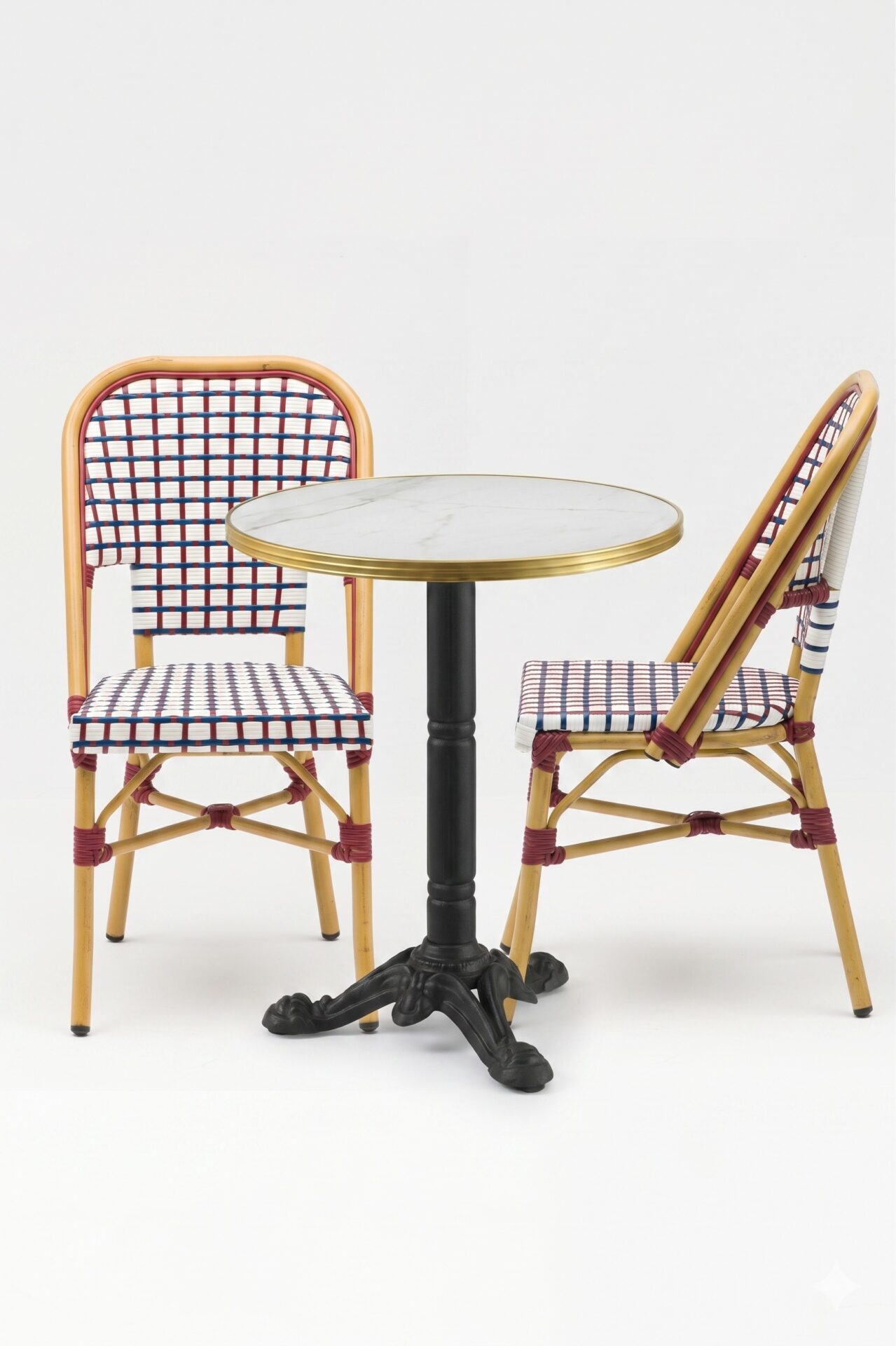 Ensemble bistrot terrasse restaurant avec table pliante Ø50 cm et chaises tricolores
