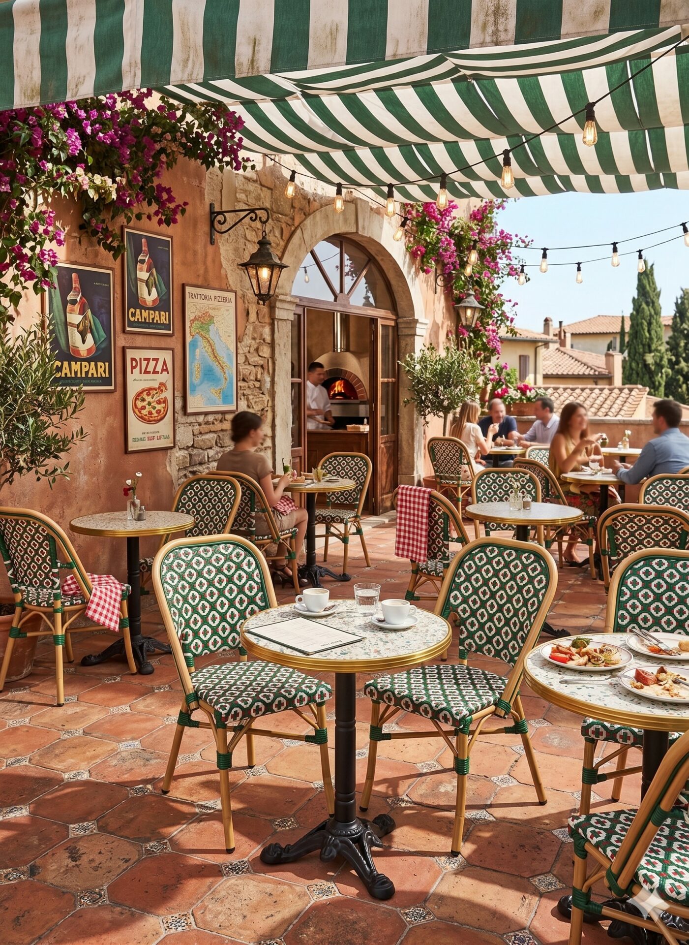 Ensemble bistrot terrasse restaurant professionnel avec table terrazzo blanc Ø50 cm et chaises Italie vert blanc rouge