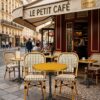 Ensemble bistrot terrasse restaurant jaune avec 2 chaises rotin professionnel BARCELONA
