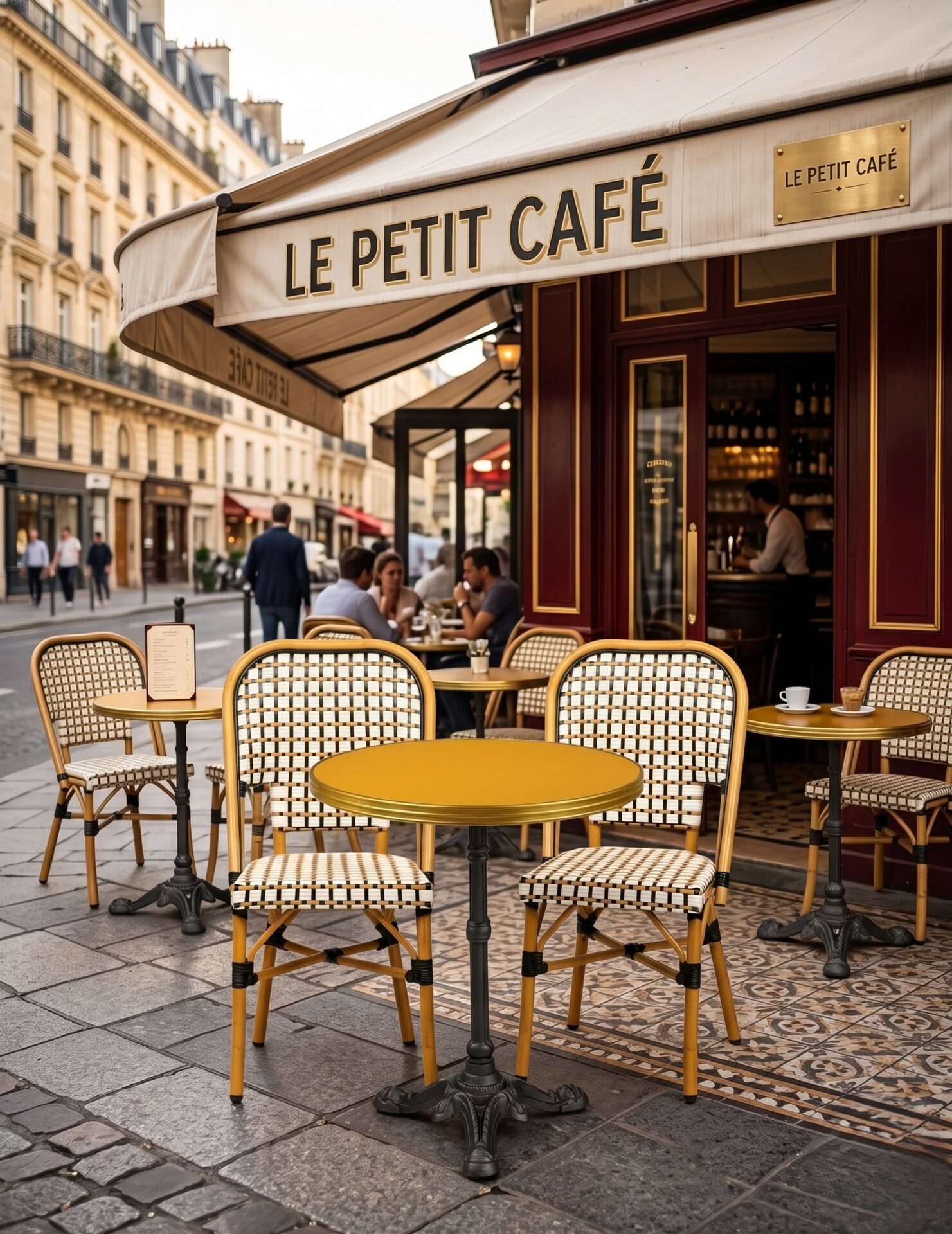 Ensemble bistrot terrasse restaurant jaune avec 2 chaises rotin professionnel BARCELONA