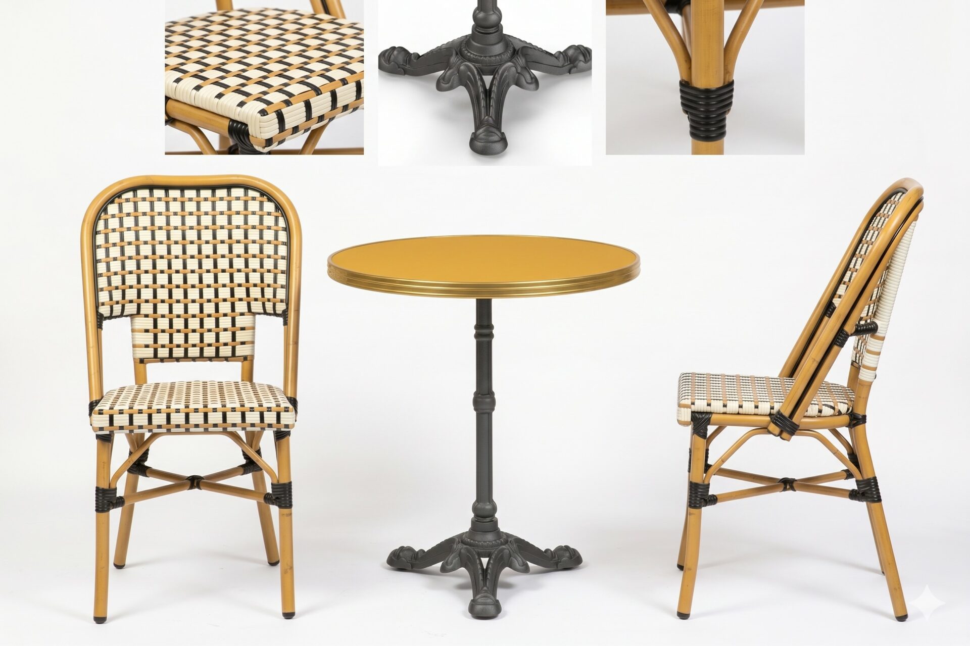 Ensemble bistrot terrasse restaurant jaune avec 2 chaises rotin professionnel BARCELONA