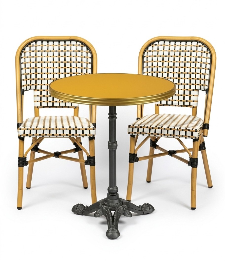 Ensemble bistrot terrasse restaurant jaune avec 2 chaises rotin professionnel BARCELONA