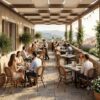 Ensemble terrasse restaurant RIVIERA avec table 70x70 ardoise et 2 chaises bistrot grises