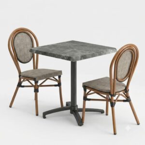 Ensemble terrasse restaurant RIVIERA avec table 70x70 ardoise et 2 chaises bistrot grises