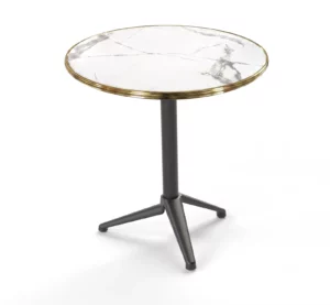 Table de bistrot ronde 60cm avec plateau en marbre blanc veiné et cerclage doré sur pied central gris anthracite moderne.