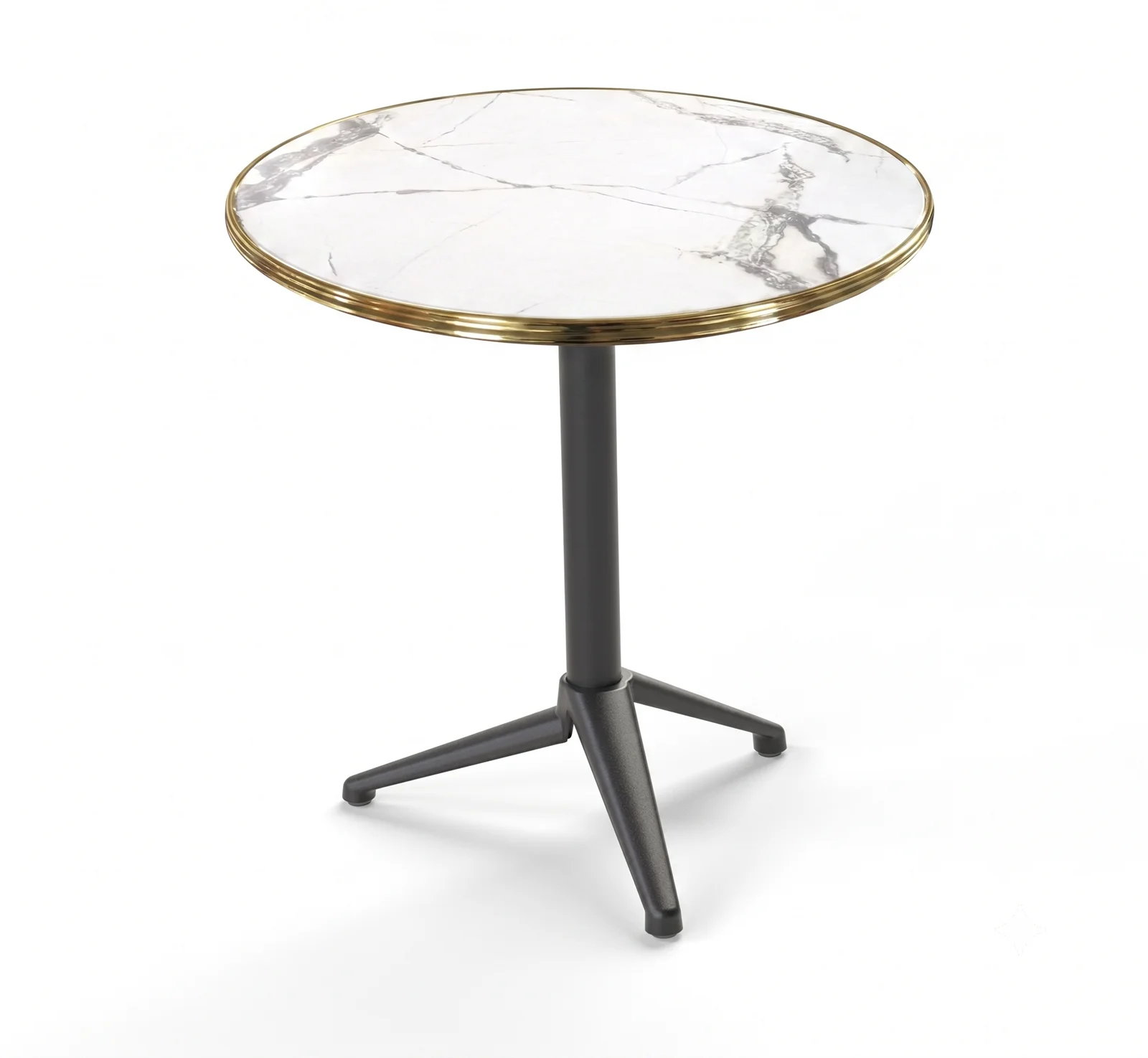 Table de bistrot ronde 60cm avec plateau en marbre blanc veiné et cerclage doré sur pied central gris anthracite moderne.