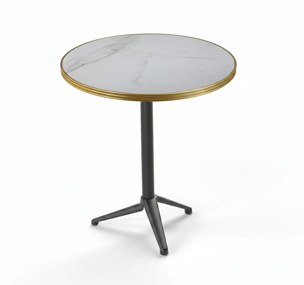 Table bistrot ronde 70cm avec plateau marbré blanc Calacatta et pied pliant aluminium gris NESTO pour restaurant et terrasse CHR