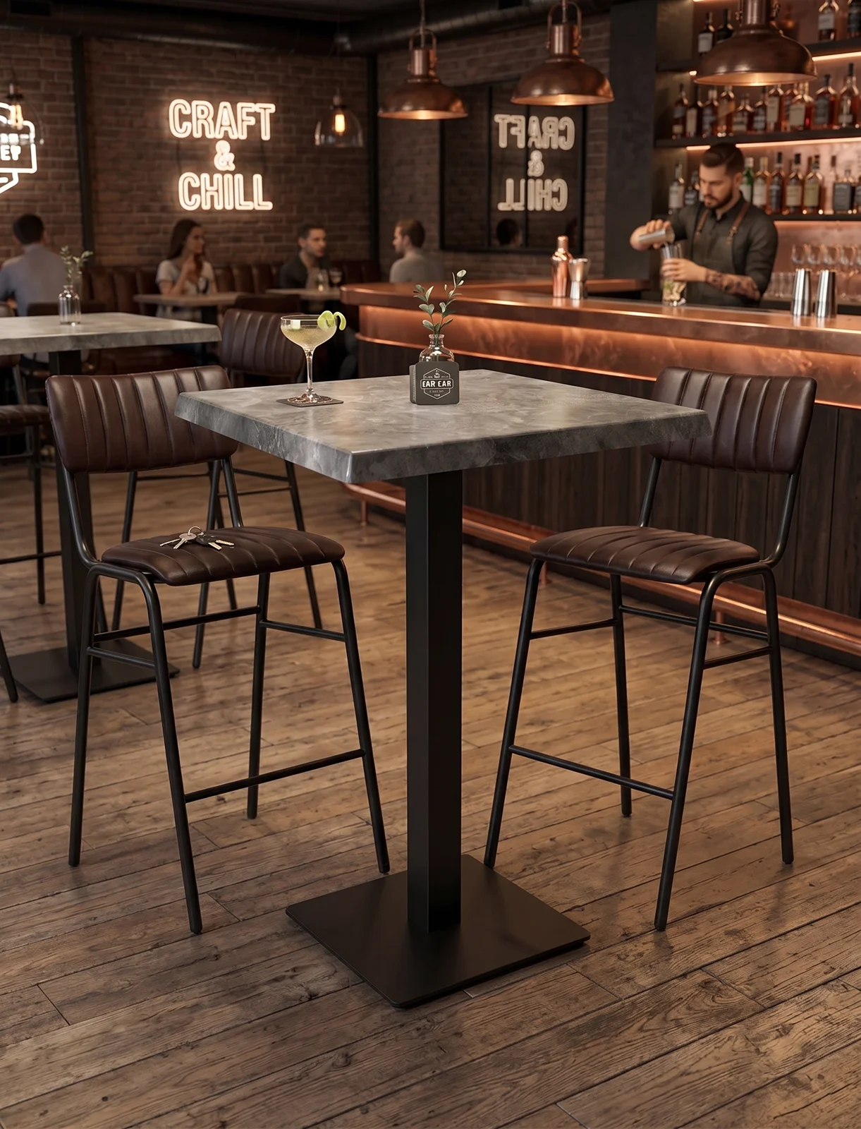 Mange-debout ardoise 70x70 avec pied CUBA BAR et 2 tabourets hauts